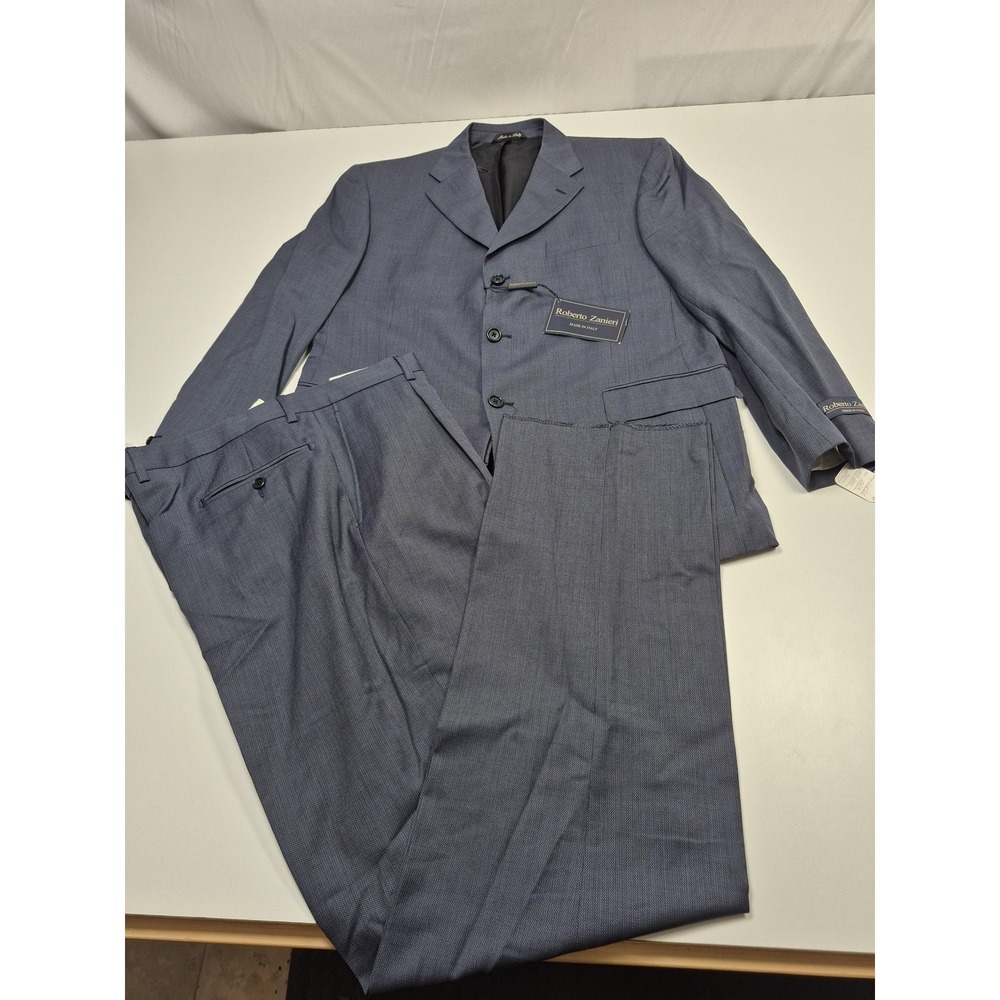 Roberto Zanieri Suit Mens 44R Blue Wool Geometric 2 Piece 38x36 Italy NWT FLAW